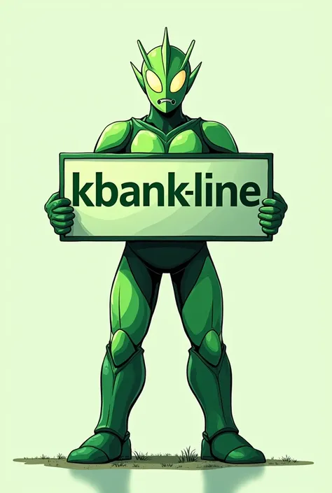 Green Ultraman is holding a sign that says:Kbank-Line