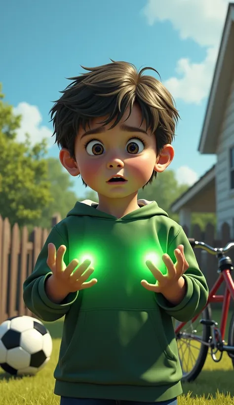 A seven-year-old Bruce Banner, standing in the backyard, stares at the camera with a mix of shock and awe as his small hands glow faintly green. Around him, a cracked bicycle and flattened soccer ball hint at an accidental show of strength. His wide, expre...