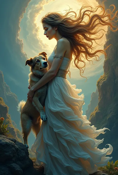 Aquarius woman, and dog abstract hyperrealism 