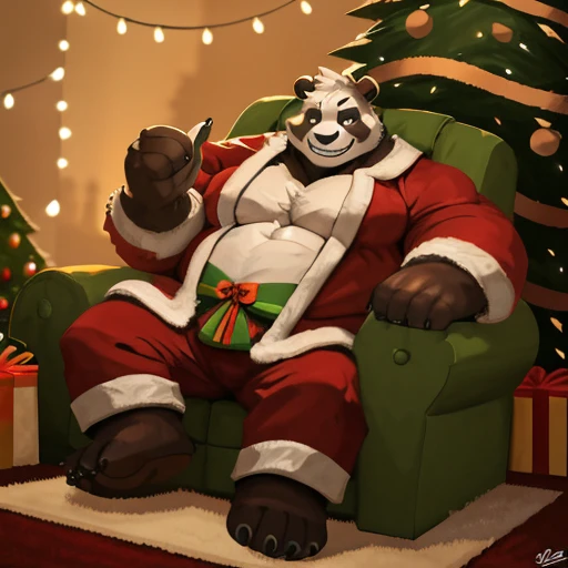 Alone, panda bear. (corpulent, muscle, robust).     (Christmas clothes, red Christmas pants, Christmas coat,  exposed chest  )    (,  ,  Christmas tree,  colored lights,).    (happy smile,  in an armchair)  Detailed vivid colors ultra detailed Bello.