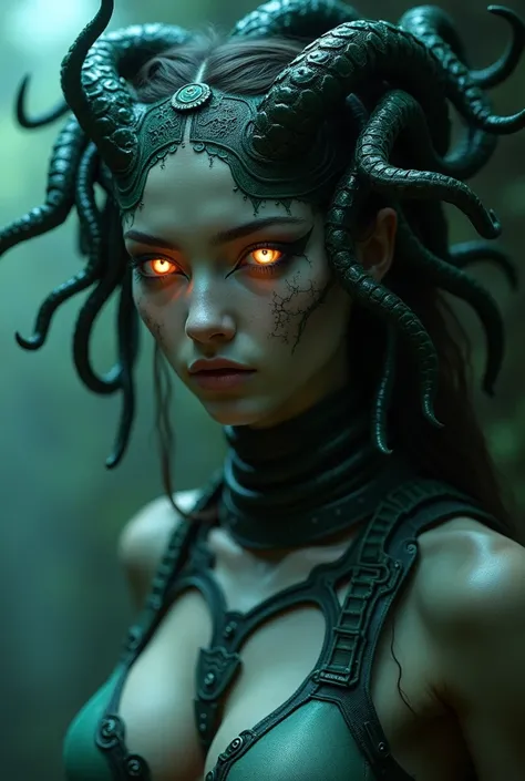 The gorgon, Medusa, glowing eyes, head to breast, silicone cybernetics. High Resolution, Masterpiece, Award Winning, Best Quality, High Details, High Quality, UHD, Optical Illusion, Impressionism, Art Deco, Cinematic, Cinematography, Futurism, Hyperrealism...