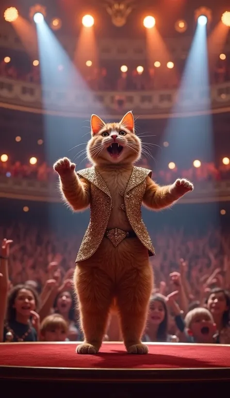 Make a picture of a cat singing like an artist on an entertainment stage