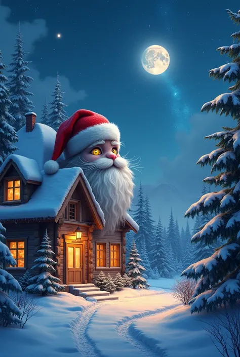   Christmas season  、 building with snow  、 small moon visible in the distance ,: Santas face shape ,   Santas face shape をした精密な機械のドーム ,  A universe cat lives in big eyes, Cutting-edge technology, universe, beautiful universe,  a space cat lives in big eye...