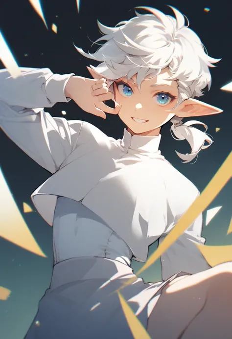 male, femboy, sidelocks, pixie cut, short low ponytail, white hair, blue eyes, elf ears, green skin, wearing white long sleeve shirt, white tight skirt, white high boots, fun pose 