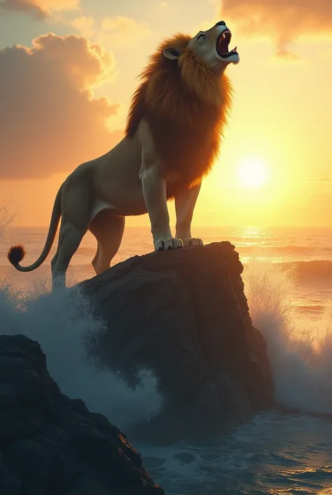 A majestic lion stands atop a mountain, its powerful silhouette against the backdrop of ocean waves crashing below. The sun is rising on the horizon, casting golden light over the scene as the lion howls, exuding an aura of greatness and dominance in the t...