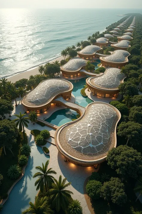 Architectural site design and buildings with Angkor net as its concept. In aerial view, in seaside