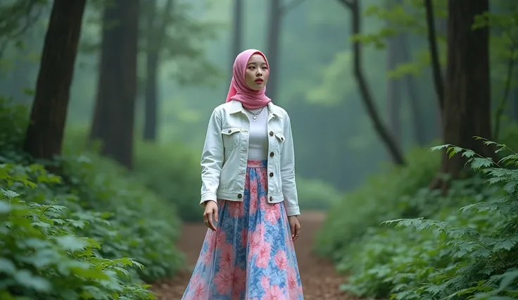 Here’s the detailed prompt you can use:

"A young and beautiful Korean woman wearing a pink hijab that covers her hair, paired with a luxurious white OCAH-branded denim jacket. She wears a layered skirt with vibrant blue and pink floral patterns, giving th...