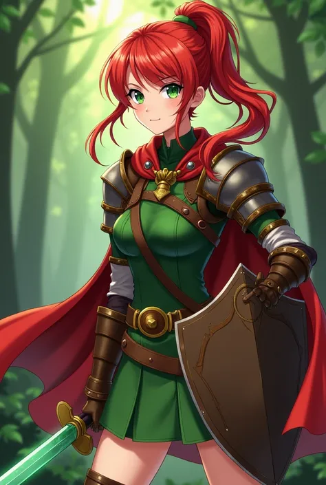 Anime art of a young woman with red hair in a ponytail. She has green eyes and is wearing studded leather armor, brown gloves, and a red cape. She has a green tunic skirt and brown boots. She is wielding a sword with an emerald blade and a shield of pure i...