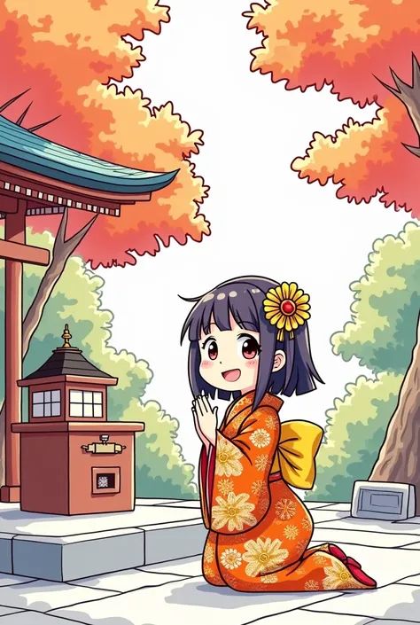 秋の紅葉が美しい神社で、[オレンジと金色の着物]をまとった[明るい笑顔のかわいい少女]が賽銭箱の前で祈りを捧げている。塗り絵として、シンプルライン、グレースケールなし、シェーディングなし、可愛い、簡単なライン,背景もクリア、
