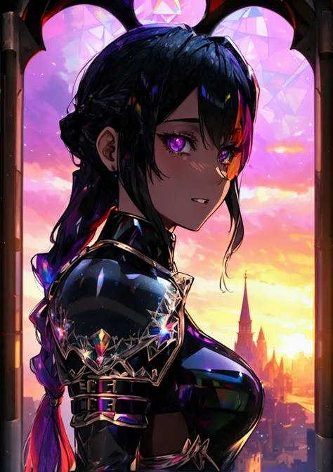 The background is a sunset sunset 、 medieval cityscape with basket、Inside the kaleidoscope、 stained glass background 、Legendary Scenery 、 mythical scenery unfolds、The cathedral shines brightly、red and green contrast 、Path of Light、 Edelgard in black armor,...