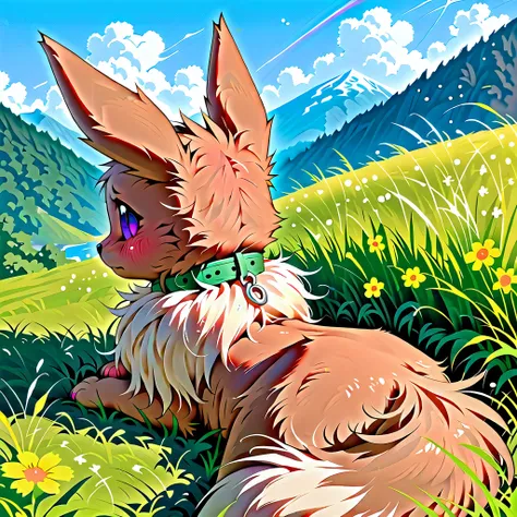  In a field,  (by Hioshiru), (Purple eyes:1.2), (Collar:1.2), (Snout:1.2), (Solo:1.2), (shy expression:1.8), (quadruped, feral, canine), (feral:2), (eevee:1.3), ((detailed fluffy fur)), looking back, standing, (rear view:1.6), (Young:1.2), (Small butt:1.2)...