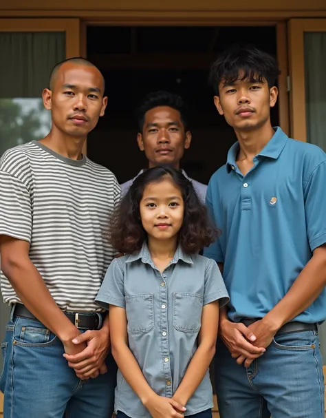 realistic portrait of 3 Indonesian men, the first has a shaved head, wears a horizontal striped t-shirt and jeans with a belt, the second has slightly curly hair, slightly forward teeth, wears a plain blue shirt with jeans tucked in, the third has regular ...