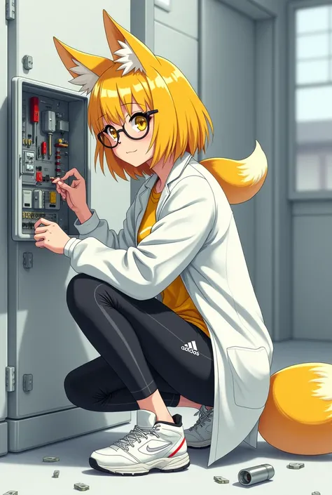 Yellow-haired young woman with yellow fox ears with 2 yellow tails with yellow eyes wearing white scientists coat with yellow Nike sweatshirt with Nike Jordan sneakers with black Adidas pants with round and cute glasses fixing a power box on the wall of a ...