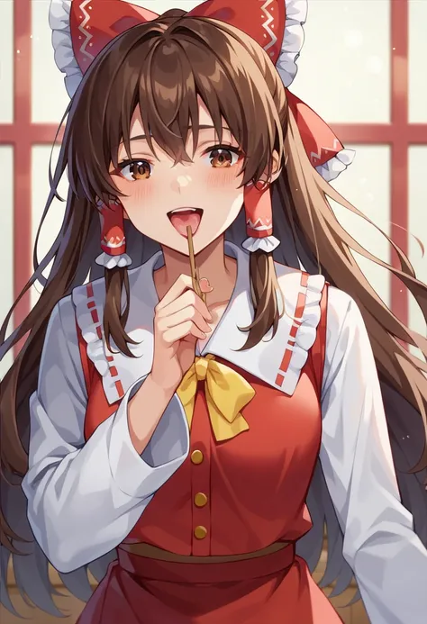 Reimu Hakurei, ( Brown Eyes :1.5),  brown hair, bow, hair bow, Hair Tube,  long hair, red bow,  side lock, (((細身の体)))、(Women&#39;s Uniform)、classroom、  cowboy shot, SMILE BREAK  (  Masterpiece :1.2),  best quality,  high definition ,  Unity 8K Wallpaper, (...