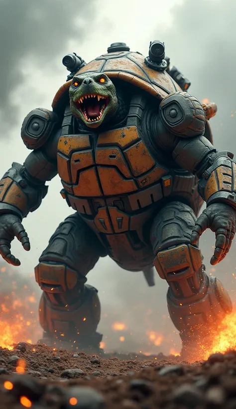 On a war-torn battlefield, a colossal turtle roars fiercely, its body fully weaponized. Its massive shell is fortified with tank armor, studded with cannons and missile launchers that emit smoke and sparks. The turtles powerful legs, reinforced with mechan...