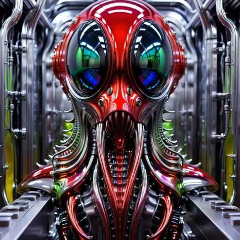 No one is there ,  Reality Photography,  Reality Photography, Realistic pictures of colorful slime-shaped monster-like creatures, Cutting Edge,H.R Giger detail, bio-mechanics humanoid, multicolor glints, Strange , Surreal, Another World,  Robot Factory wit...