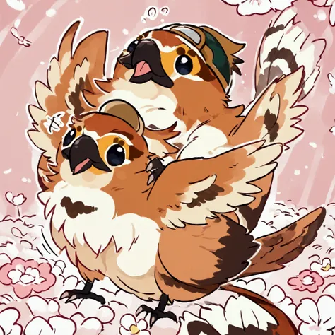 A cute woman (role of a sparrow bird wings, adorable helmet with big bird eyes and beak, bird bikini with tail feathers), she is flying over a field of flowers hunting big juicy bugs, daytime, her bird shadow is big (priority bird is in flight casting a sh...