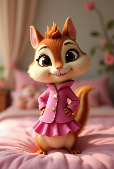 Brittany Miller, Chipmunk, solo, standing on bed, pink skirt, pink jacket