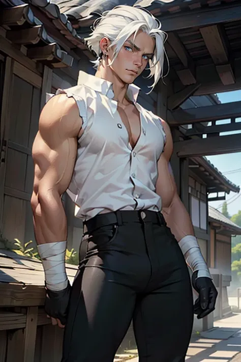 ((masterpiece)), (((best quality))), solo, ninja, 1 male, pale white skin, medium-length white hair, ((straight hair)), side part, ((bob hairstyle)), loose hair, handsome young man, blue eyes, lean, tall, slender, (large pecs), (wide hips), (thick thighs),...