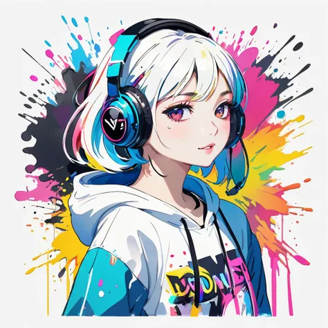 1girl, black eyes, wink, perfect face, hairclips, music headset, v pose, zip hoodie, sharp shadows, white background with watercolor splash of colors , beautiful rich colors, solid colors, masterpiece, best quality