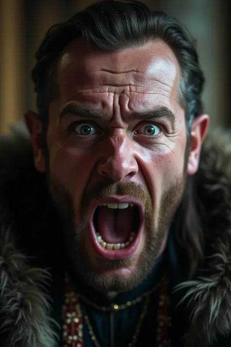 A close-up of the kings face, showing shock and fear. His expression is pale, his eyes wide, and his mouth slightly open in disbelief.