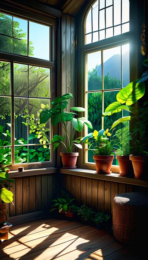 The View Outside the Window,window sill,Dirty shed window,cluttered,I&#39;m going to open the window now to do some major cleaning.,Light shines through the window into the dimly lit room,halation,beautiful light and shadow,Tyndall effect,dim background,Da...