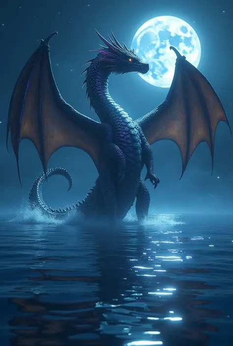 A majestic sea dragon emerging from the water, its scales sparkling like jewels under the moonlight. The backdrop is a calm sea reflecting stars.

