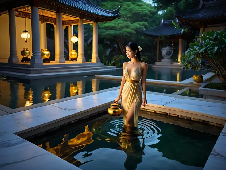 A serene temple garden with a tranquil sacred pool surrounded by marble steps and glowing lanterns. A single beautiful woman stands waist-deep in the water, her see-through silk dress clinging to her graceful figure. Her skin glows under the soft moonlight...