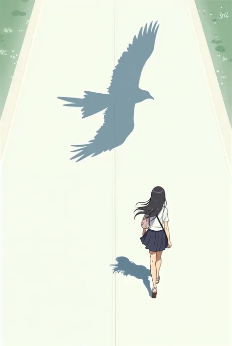 from above,A traveler in a miniskirt walking on a wide, wide white road, the shadow of a large bird on the road, the shadow of a birds wing,Flat colour anime style image showing,Japanese Theatrical Animation Style