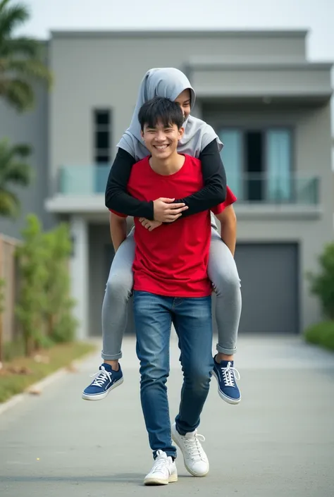 An Indonesian woman is wearing grey hijab, white top with black long sleeves, grey low waisted legging, and white sneakers. A Korean man is riding on the womans back. The woman is walking on a footpath while a little bowing. The woman is wrapping her arms ...