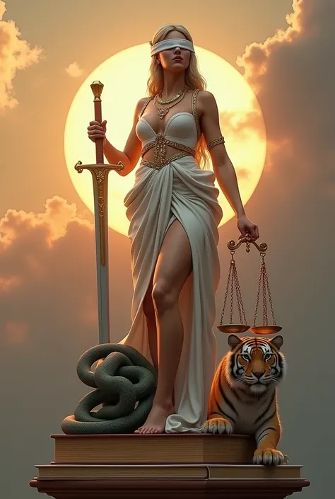 real photo, In high quality of the Goddess of Justice , Beautiful and elegant, includes a white bandage covering both eyes, a long sword, A scale of justice, and that you have ( big boobs: 1.8),  and showing its sturdy and thick legs ,  that sticks with it...