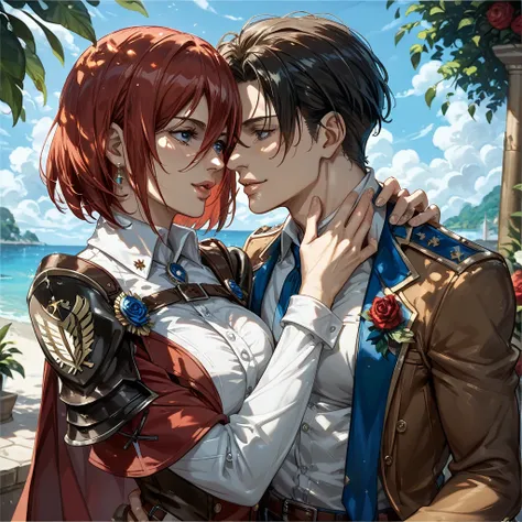 (( best quality)), ((masterpiece)), ( Details), （ perfect face）、The man Jean Kirstein and the woman Mikasa Ackerman who have become lovers and are happily snuggling up to each other 、 Mikasa Ackerman sincerely loves her lover Jean Kirstein and is delighted...