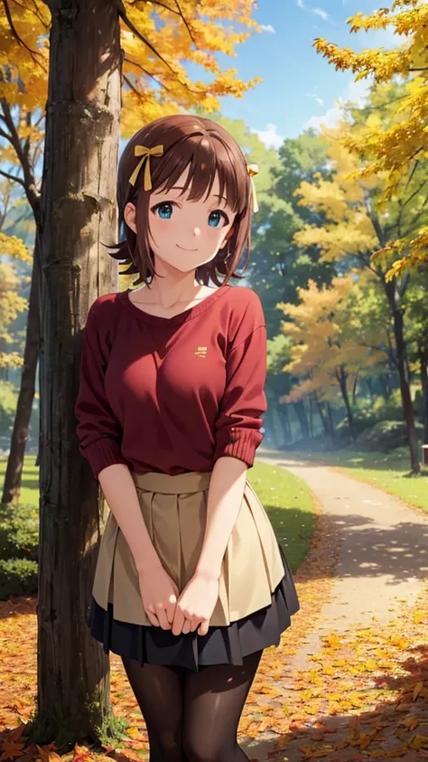 1 girl, alone, haruka amami, casual autumn clothes, mini flare skirt, (black pantyhose: 1.1), (thighs), standing, (leaning forward), look down, looking at viewer, (smile: 1.2), In the forest of autumn leaves, blue sky, view from below, CG, unity, 8k, wallp...