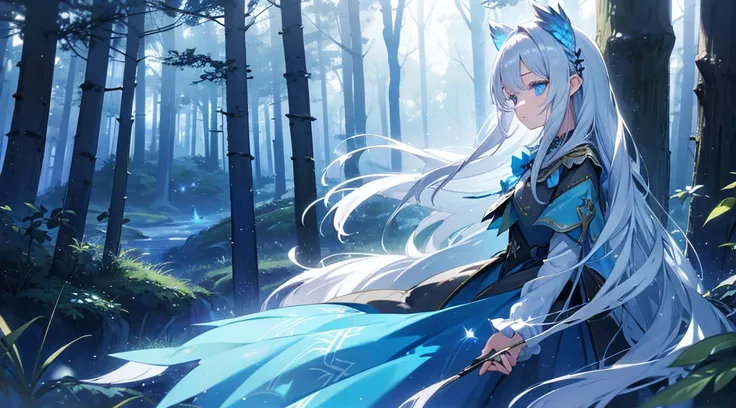 Girl, solo, silver hair, long hair, blue eyes, beautiful.
Magical forest, owls hooting.