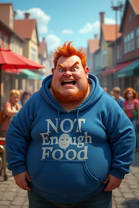 Make pixar movie poster titled " Not enough food" With an obese guy ginger hair blue hoodie angry in poster, with the title in it