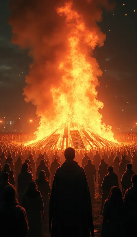 A night scene with a large bonfire where scrolls, wooden plaques, and name records bearing the forbidden characters are being burned. The crowd watches, both mournful and fearful.