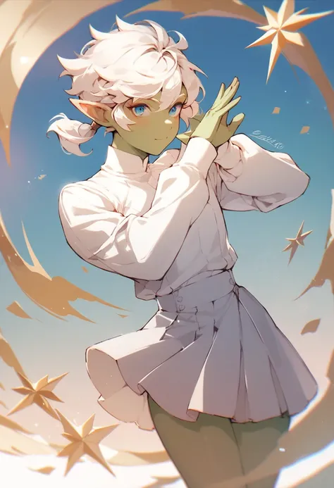 male, femboy, sidelocks, pixie cut, short low ponytail, white hair, blue eyes, elf ears, green skin, wearing white long sleeve shirt, white tight skirt, white high boots, fun pose 