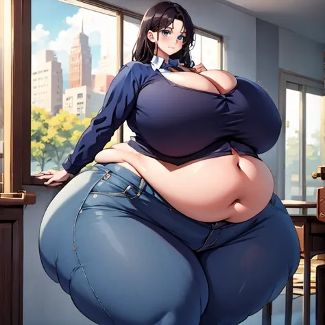 masterpiece,  best quality,  ultra detail ,  very detailed なイラスト,  very detailed , 絶妙なディテール Schoolの制服,School, like a fairy in a painting  ,  very detailed (  1 girl:1.4),Alone,Alone, Black Hair, blue eyes,  extremely obese body  ,  huge thighs , ((Big Brea...