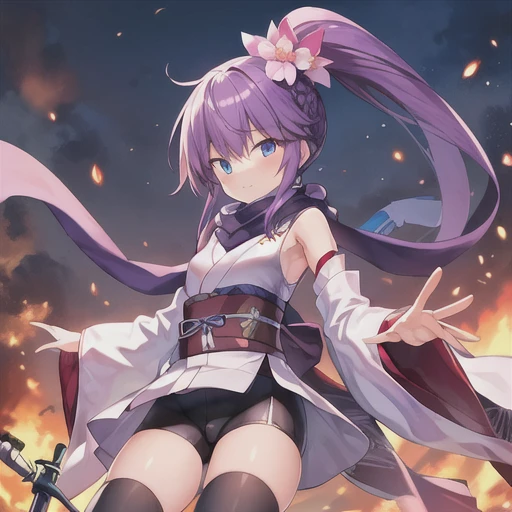 dm-islay,long ponytail,purple hair,bangs,slanted eyes,wide eyes,scarf,japanese clothes,sleeveless,white detached sleeve sleeves,wide detached sleeve sleeves,bike shorts,black legwear,black thighhighs,zettai ryouiki,