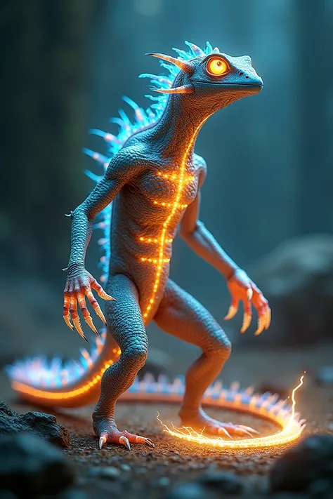 
"Imagine a futuristic, genetically engineered creature that combines the resilient physiology of a lizard with the limitless energy potential of nuclear power. This hybrid, dubbed the Nucrazor, has a reptilian body covered in iridescent, glowing scales th...