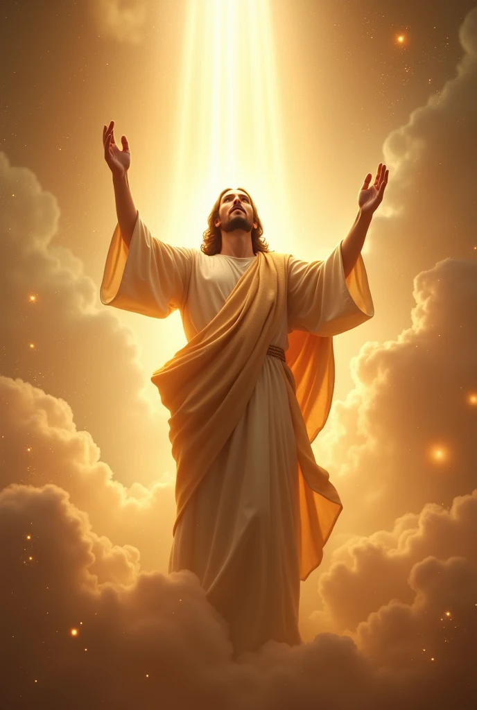 Jesus, ascending, bright light background. Photo realistc