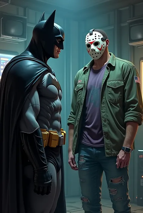 Adult anime drawing style with mature elements and dramatic realism: Batman is in the batcave looking at a hologram of Jason Voorhees wears his iconic hockey mask with red markings and cracks, a worn-out green military jacket, a torn dark purple shirt, and...