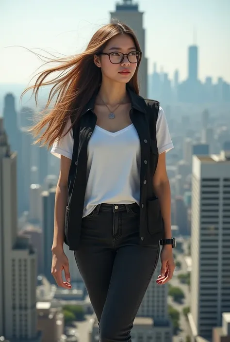  Slightly fat 25-year-old beautiful Asian woman with long straight brown hair blown away in the wind wearing glasses white t-shirt,black vest , black long tight jeans , wearing a necklace,wearing white Nike shoes, Watched , sitting on top of a tall buildin...