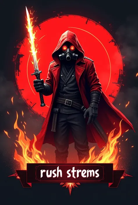 The image is a digital illustration of a character from a video game. The character is wearing a red hooded cloak with a gas mask covering their face. The mask has red eyes and appears to be glowing red. They are holding a fire katana in their right hand a...