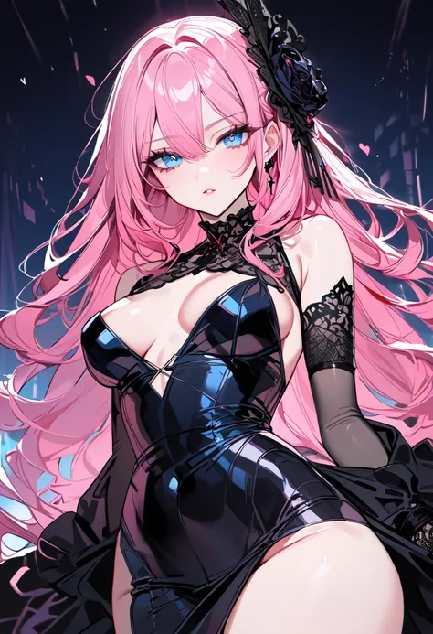 Long pink hair, stunning blue eyes, in a black sexy outfit