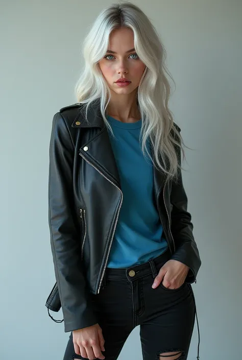 Ultra Realistic photography,( Photorealism :1.2),  a beautiful girl, she has silvery white , langes Haar,  blue eyes red lips and pale skin ,   she was wearing a black leather jacket and a blue T-shirt underneath ,  she is also wearing ripped black jeans a...