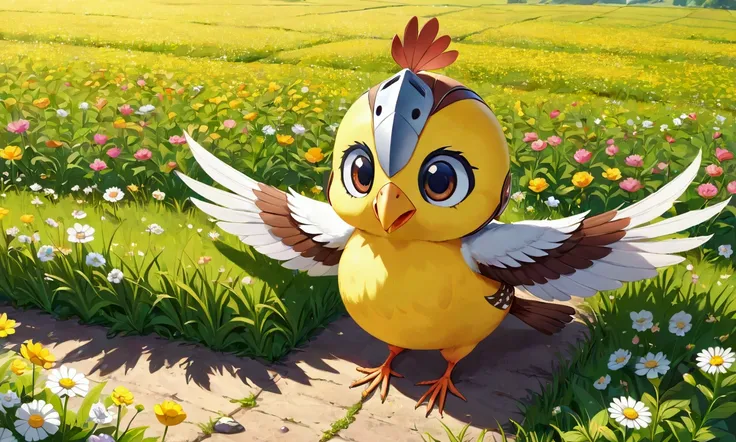 A cute woman (role of a sparrow bird wings, adorable helmet with big bird eyes and beak, bird bikini with tail feathers), she is flying high over a field of flowers hunting big juicy bugs, daytime, her bird shadow is big (priority bird is in flight casting...