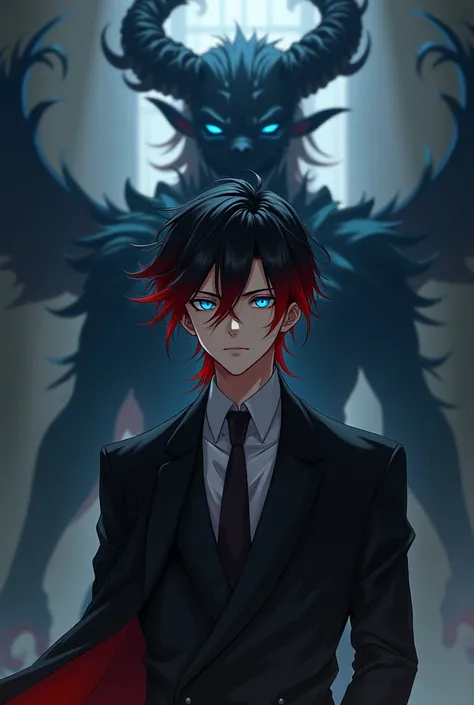 Create a image of a anime man with red and black hair in black suit with a demon shadow with blue eye,