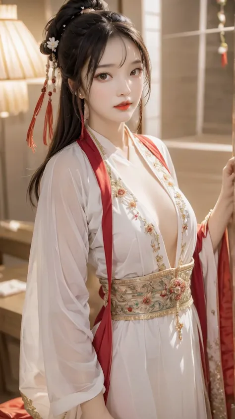  breasts ,  waist-length hair, black eyes, Ancient Audrey , style hanfu,  wearing a thin silk shirt from ancient China ,  beautiful girl in reality ,  wearing a simple ancient style Audai ,  with shoulders and head in the photo ,Cute little face,  eye bags...