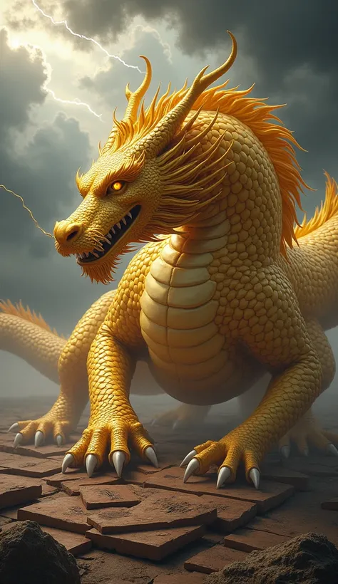 A symbolic representation: a golden dragon, representing the emperor, crushing wooden name plaques under its claws amidst a stormy backdrop.

